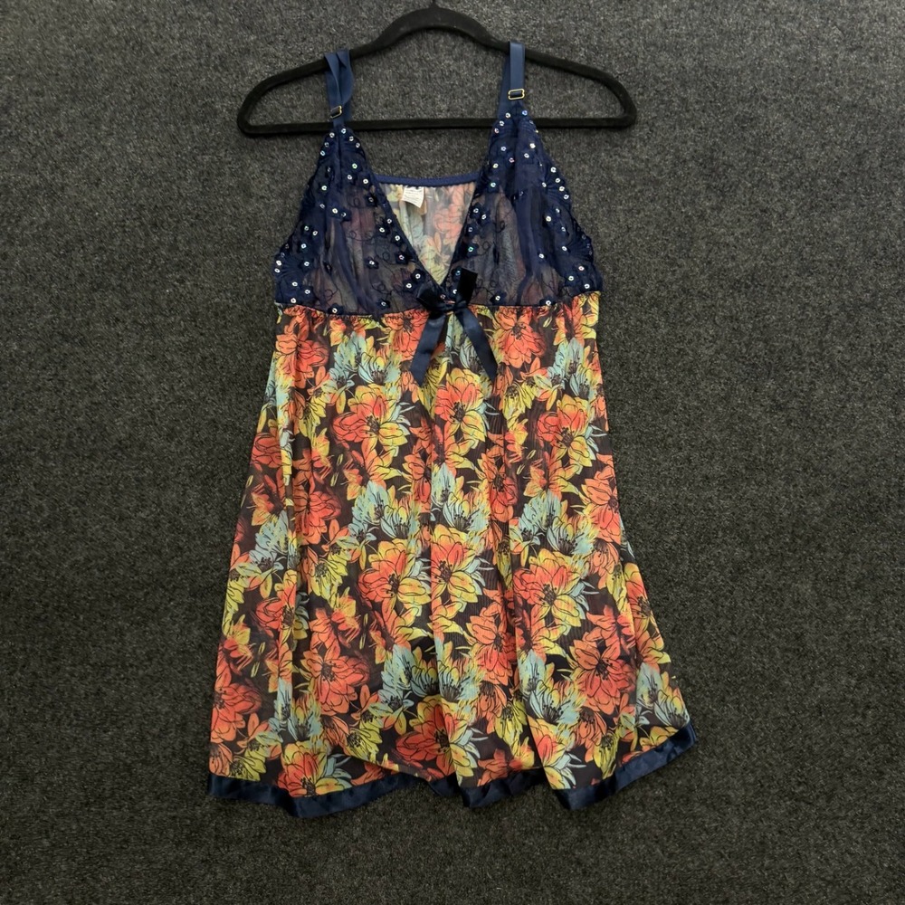 Vintage Floral Mesh Babydoll Chemise Navy Blue Lace Sequin Lingerie 2X